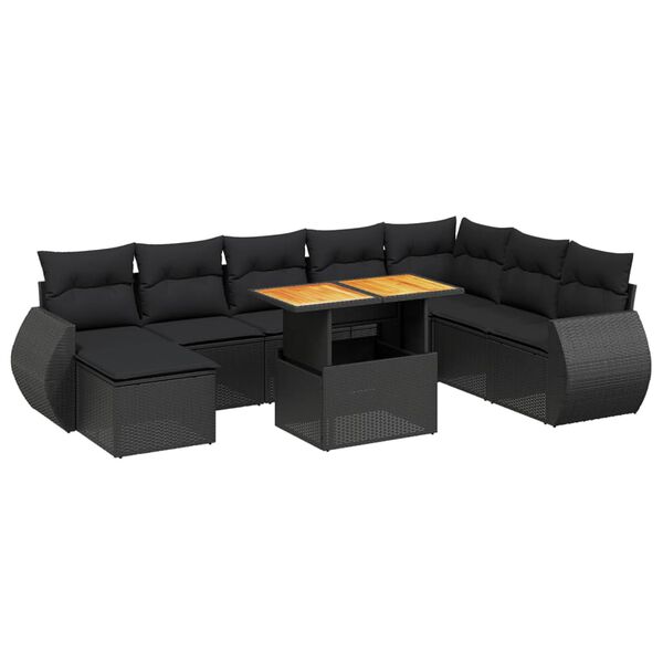 vidaXL 9-delige Loungeset met kussens poly rattan zwart