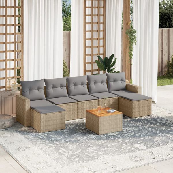 vidaXL 8-delige Loungeset met kussens poly rattan gemengd beige