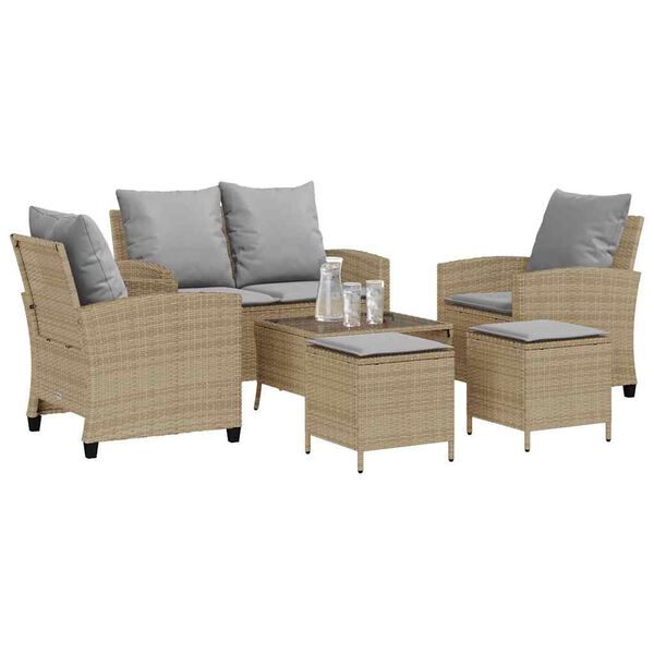 vidaXL 6-delige Loungeset met kussens poly rattan beige