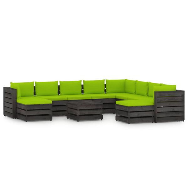 vidaXL 11-delige Loungeset met kussens grijs ge&iuml;mpregneerd hout