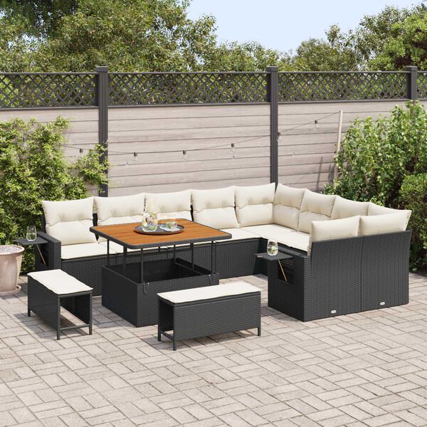 vidaXL Tuinbankenset met kussen 13 pcs Zwart en Crème poly rattan