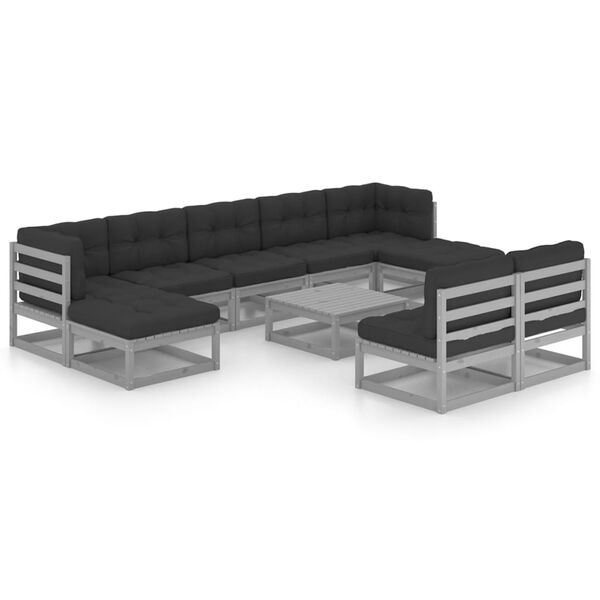 vidaXL 10-delige Loungeset met kussens massief grenenhout grijs