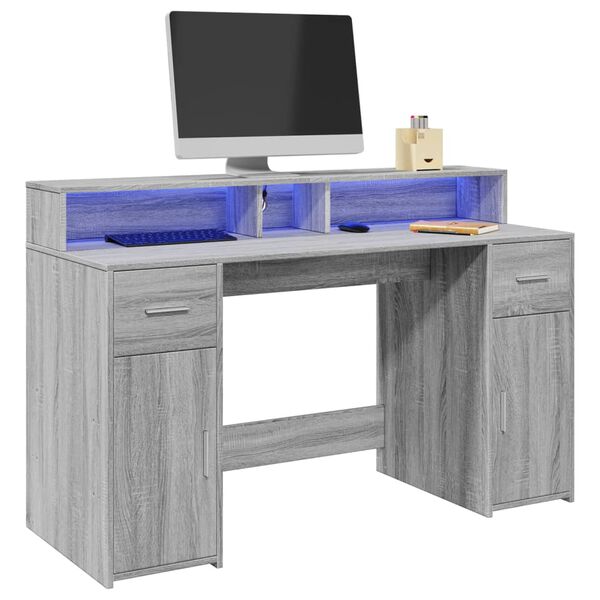 vidaXL Bureau met LED-verlichting 140x55x91 cm hout grijs sonoma eiken
