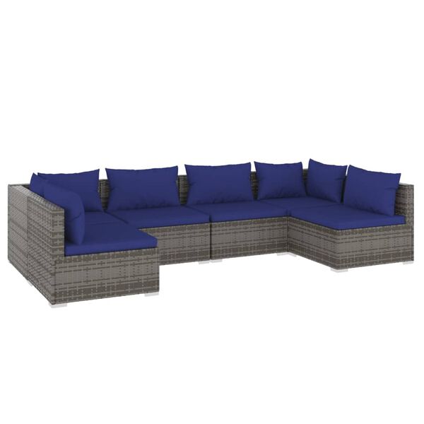 vidaXL 6-delige Loungeset met kussens poly rattan grijs