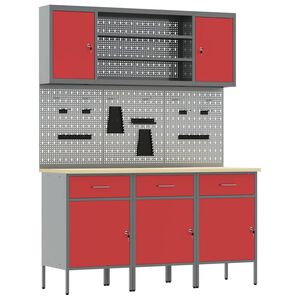 vidaXL Werk kast met lade met plank 7 st Rood Engineered hout en staal