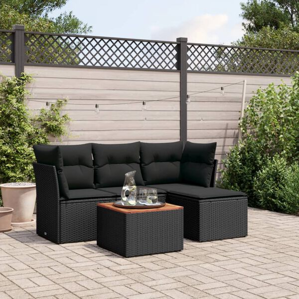 vidaXL 5-delige Loungeset met kussens poly rattan zwart