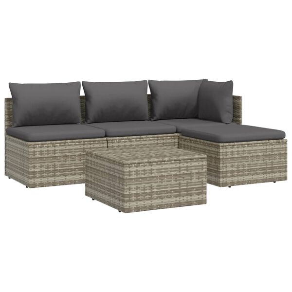vidaXL 5-delige Loungeset met kussens poly rattan grijs