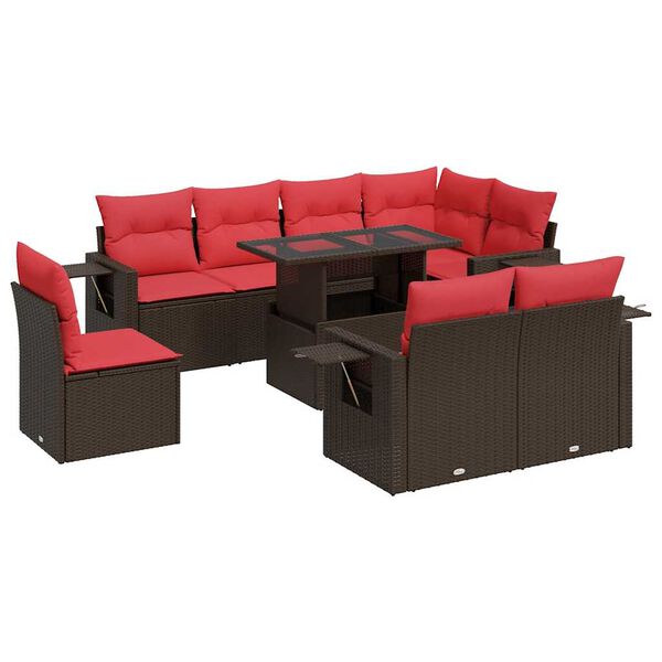vidaXL 9-delige Loungeset met kussens poly rattan acacia bruin