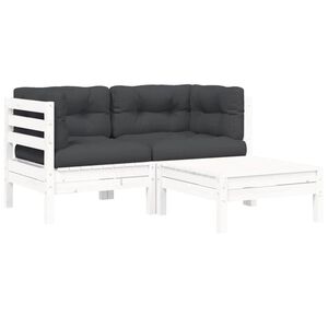 vidaXL 3-delige Loungeset met kussens massief grenenhout wit