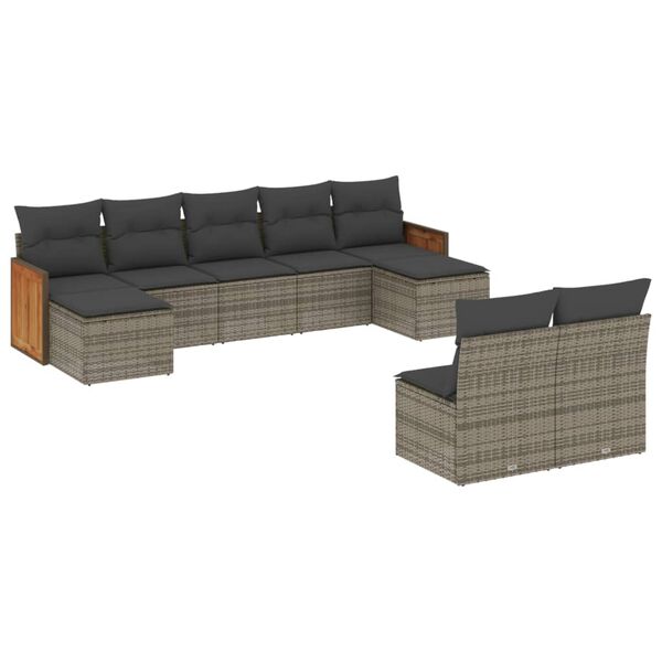 vidaXL 9-delige Loungeset met kussens poly rattan grijs