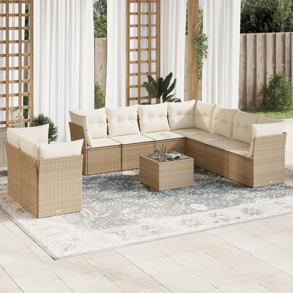vidaXL 10-delige Loungeset met kussens poly rattan beige