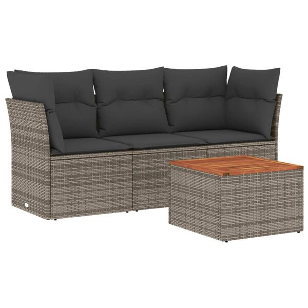 vidaXL 4-delige Loungeset met kussens poly rattan grijs