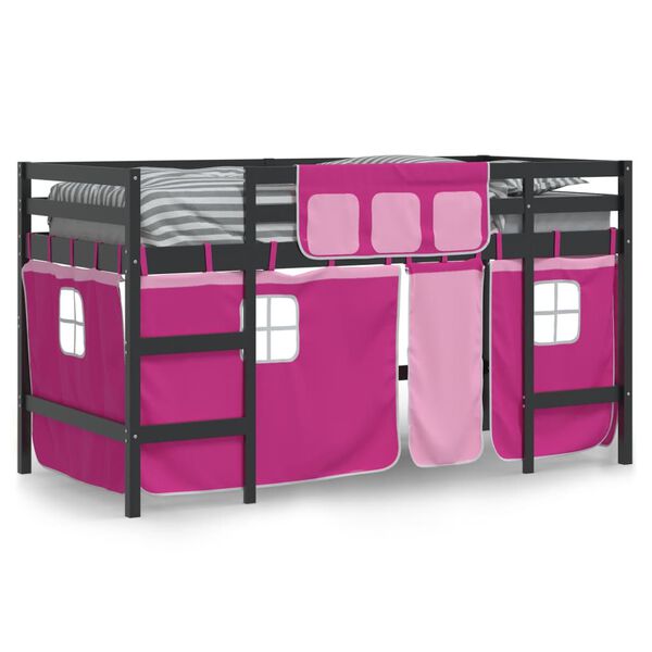 vidaXL Kinderhoogslaper met gordijnen 90x200 cm grenenhout roze