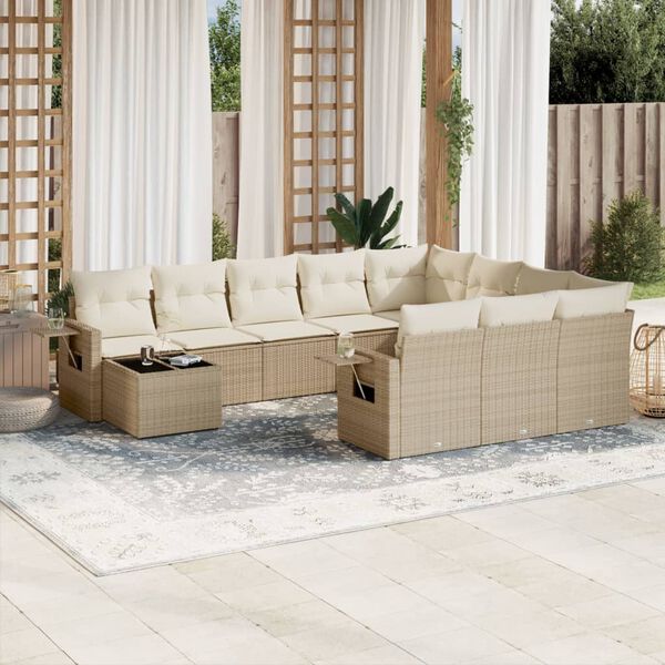 vidaXL 11-delige Tuinset met kussens poly rattan beige
