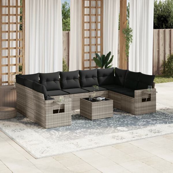 vidaXL 10-delige Loungeset met kussens poly rattan lichtgrijs