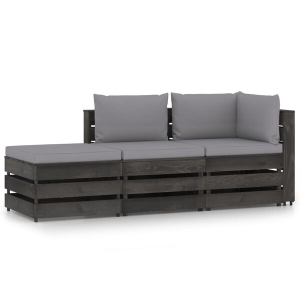 vidaXL 3-delige Loungeset met kussens grijs ge&iuml;mpregneerd hout