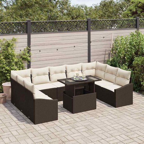 vidaXL Bankstel met kussen 10 pcs Bruin en Cr&egrave;me poly rattan