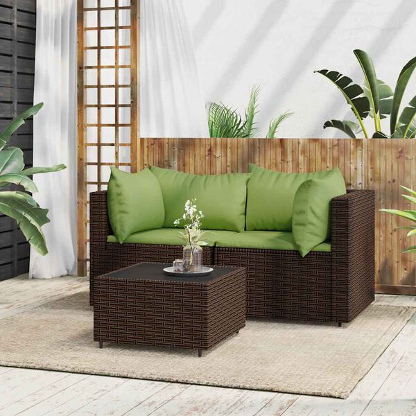 vidaXL 3-delige Loungeset met kussens poly rattan bruin