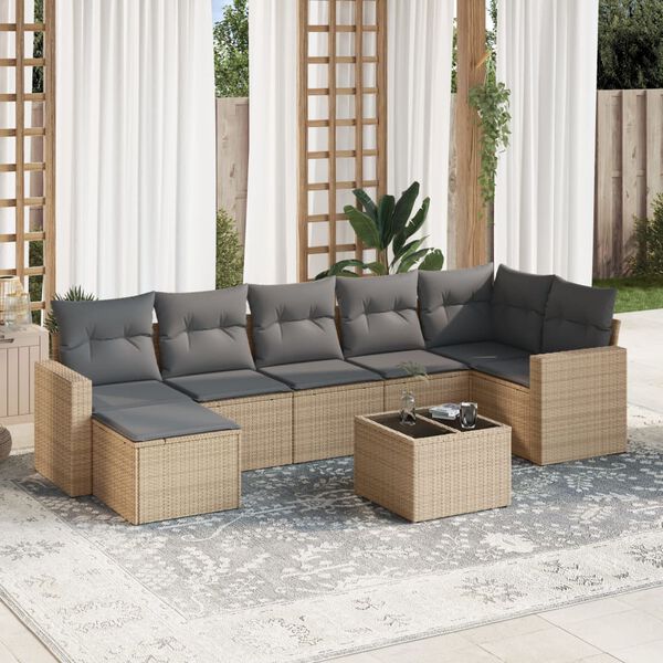 vidaXL 8-delige Loungeset met kussens poly rattan beige
