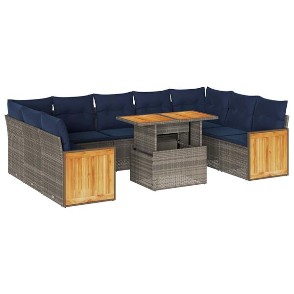 vidaXL 10-delige Loungeset met kussens poly rattan acacia grijs