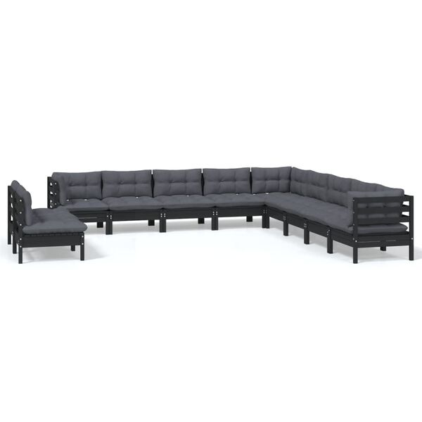 vidaXL 11-delige Loungeset met kussens massief grenenhout zwart