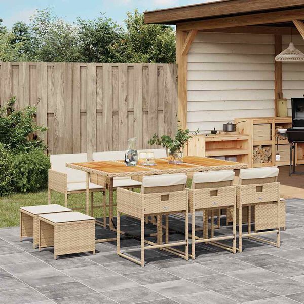 vidaXL 11-delige Tuinset met kussens poly rattan beige