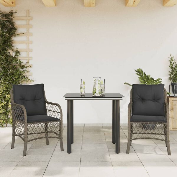 vidaXL 3-delige Bistroset met kussens poly rattan grijs
