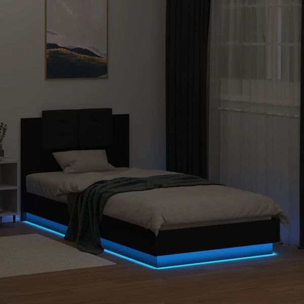 vidaXL Bedframe met hoofdbord en LED-verlichting zwart 90x200 cm