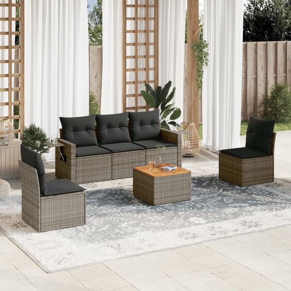 vidaXL 6-delige Loungeset met kussens poly rattan grijs