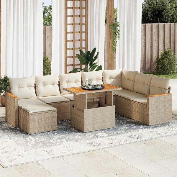 vidaXL 9-delige Loungeset met kussens poly rattan acacia beige