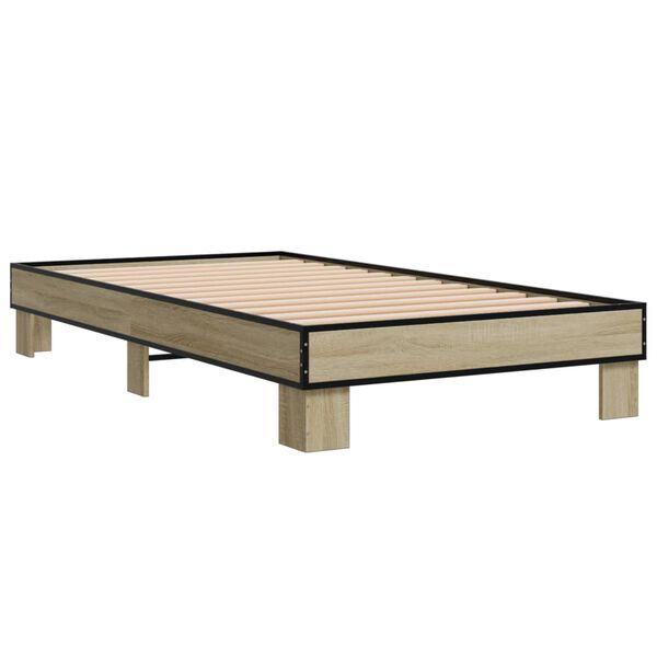 vidaXL Bedframe bewerkt hout en metaal sonoma eikenkleurig 75x190 cm