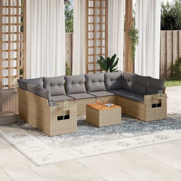vidaXL 10-delige Loungeset met kussens poly rattan beige