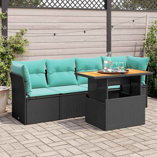 vidaXL 5-delige Loungeset met kussens poly rattan zwart