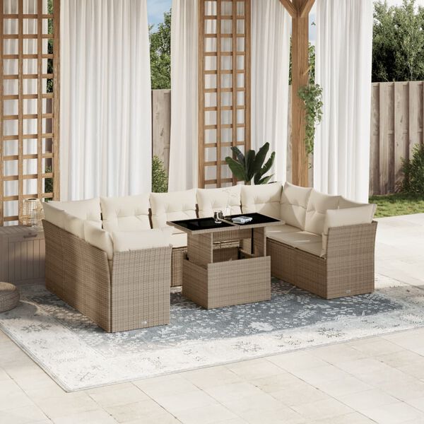vidaXL 10-delige Loungeset met kussens poly rattan beige
