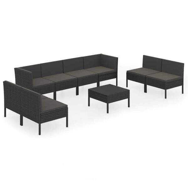 vidaXL 9-delige Loungeset met kussens poly rattan zwart