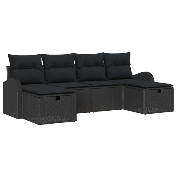 vidaXL Bankstel met kussen met opslag 6 pcs Zwart poly rattan