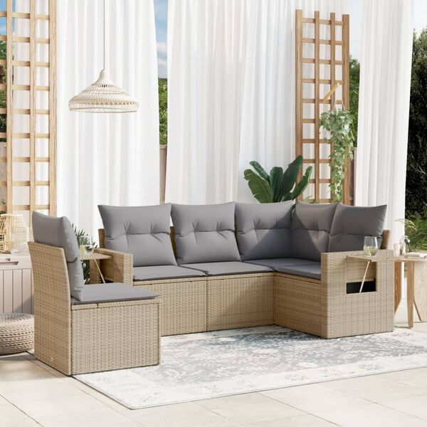 vidaXL 5-delige Loungeset met kussens poly rattan beige