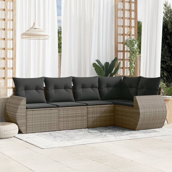 vidaXL 5-delige Loungeset met kussens poly rattan grijs