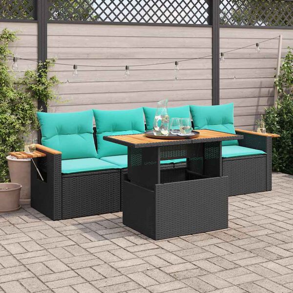vidaXL 5-delige Loungeset met kussens poly rattan zwart