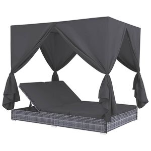 vidaXL Loungebed met gordijnen poly rattan grijs