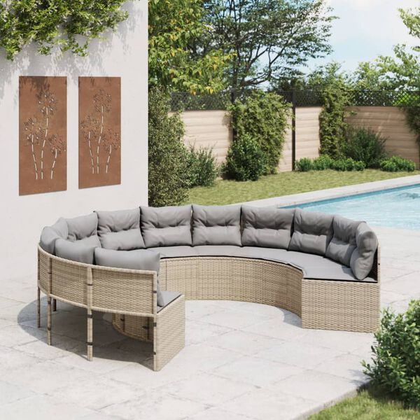 vidaXL Tuinbank met kussens rond poly rattan beige