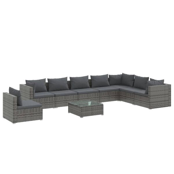 vidaXL 9-delige Loungeset met kussens poly rattan grijs