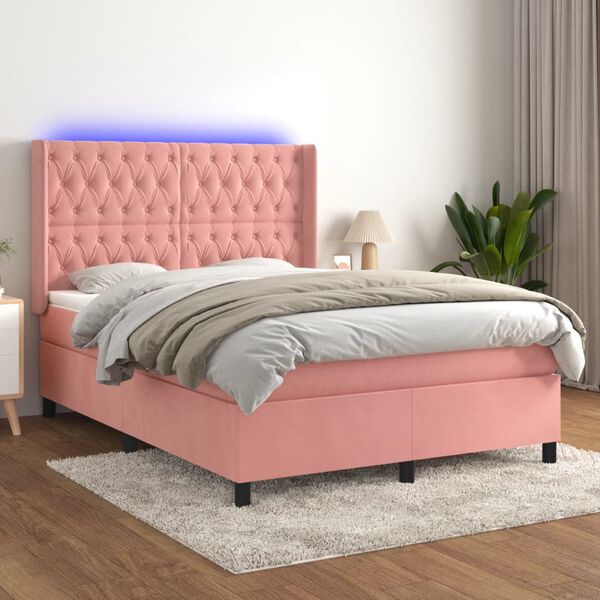 vidaXL Boxspring met matras en LED fluweel roze 140x200 cm