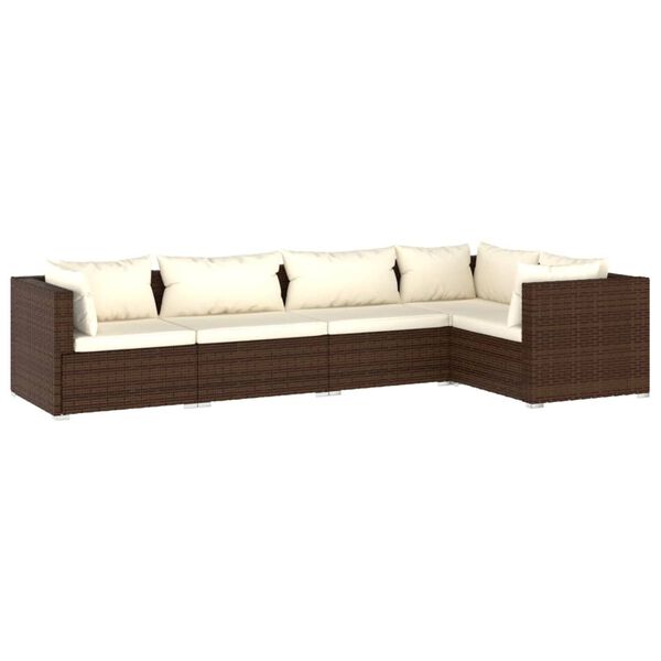 vidaXL 5-delige Loungeset met kussens poly rattan bruin