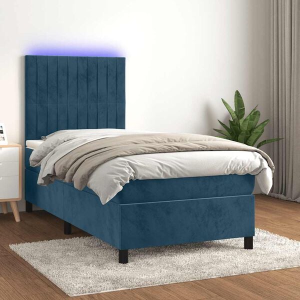 vidaXL Boxspring met matras en LED fluweel donkerblauw 90x200 cm