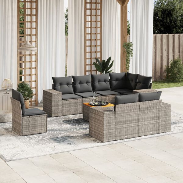 vidaXL 9-delige Loungeset met kussens poly rattan grijs