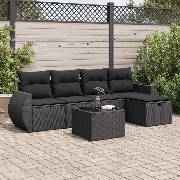 vidaXL 6-delige Loungeset met kussens poly rattan zwart