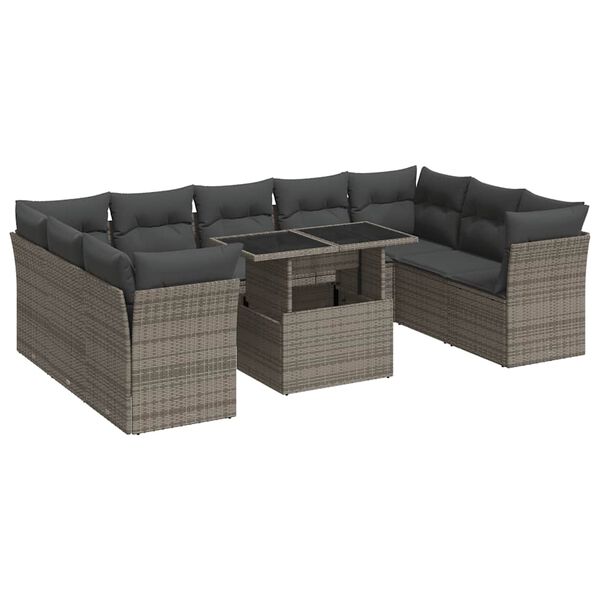 vidaXL 10-delige Loungeset met kussens poly rattan grijs