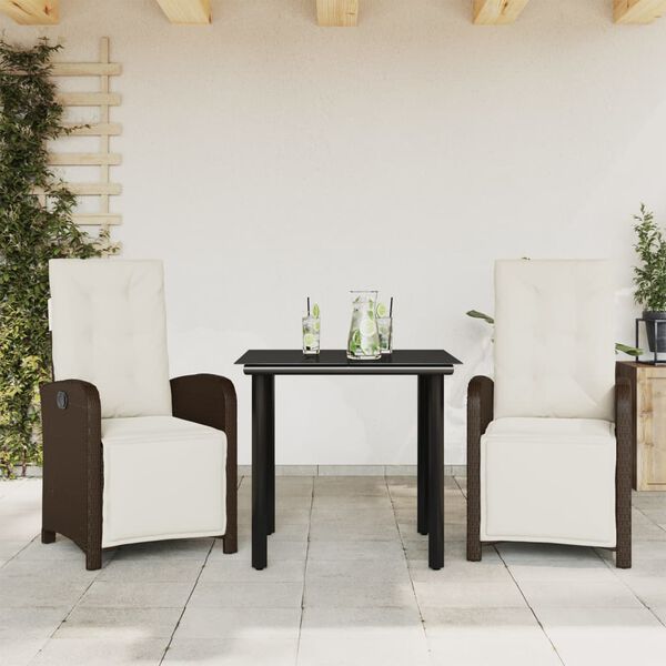vidaXL 3-delige Bistroset met kussens poly rattan bruin