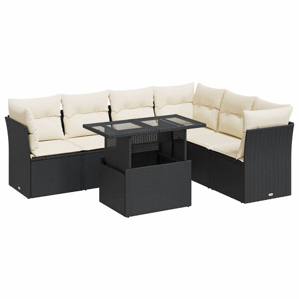 vidaXL 7-delige Loungeset met kussens poly rattan zwart